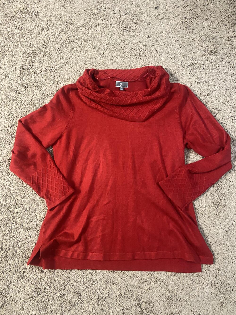JM Collection Sweater Womens XL Red Cowl Neck Quilted Knit Long Sleeve Pullover